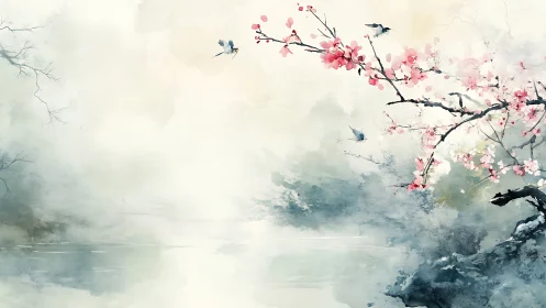 Gentle cherry blossoms lean over misty water in quiet light