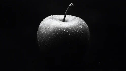 Monochrome close-up isolates water-dropped apple form