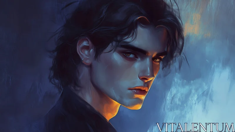 Moody young man glows softly against cool painted night