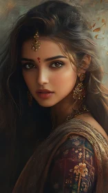 Portrait of woman in traditional attire with ornate jewelry.