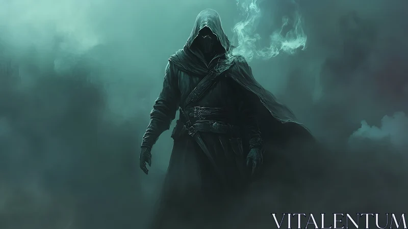 Mysterious hooded wanderer walking through ghostly mist.