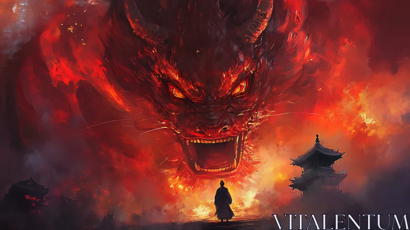 Fiery dragon head dominates sky above lone robed figure