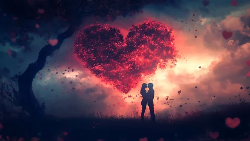 Two silhouetted figures beneath glowing heart-shaped particle formation.
