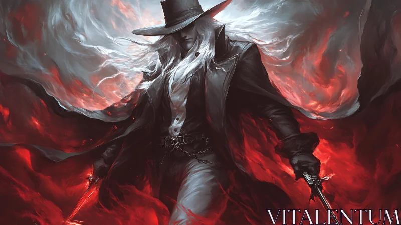 Stormlit gunslinger strides through swirling crimson fire