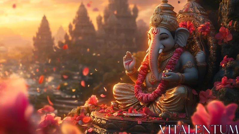Golden Ganesha statue glows at sunset amid drifting petals