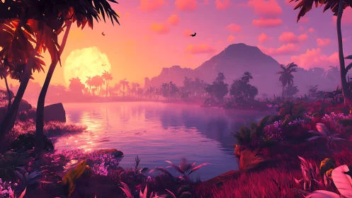 Dreamy tropical lagoon glows under a radiant neon sunset