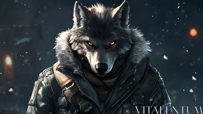 Winter sentinel wolf in tactical leathers, eyes like embers.
