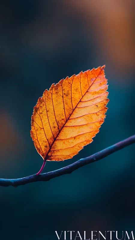 Autumn leaf macro suspended on branch with teal bokeh glow.