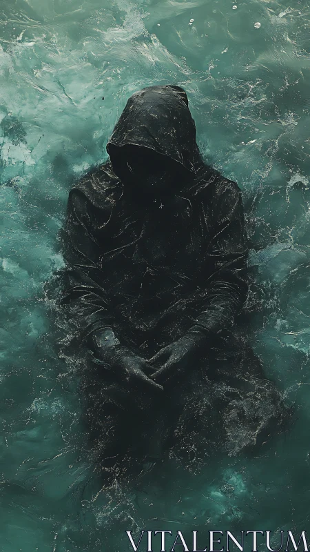 Hooded figure submerged in turbulent teal water with obscured face