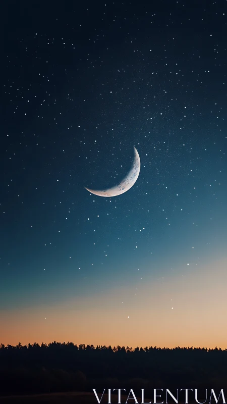 Curved crescent moon over dusk forest horizon skyfield.
