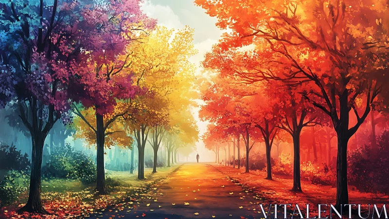 Digital painting of luminous autumn avenue with receding figure.
