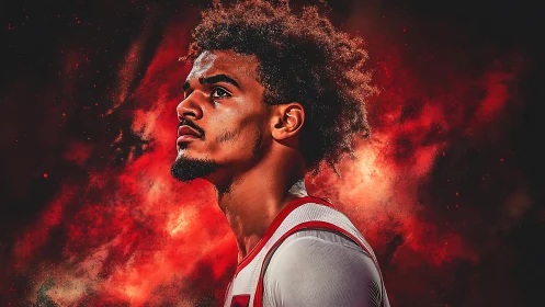 Basketball player in fiery red cosmic atmosphere gazes upward.