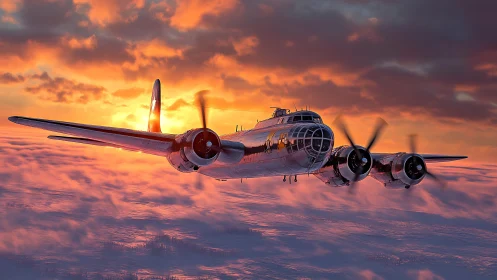 Four engine military aircraft in flight above clouds at dusk.