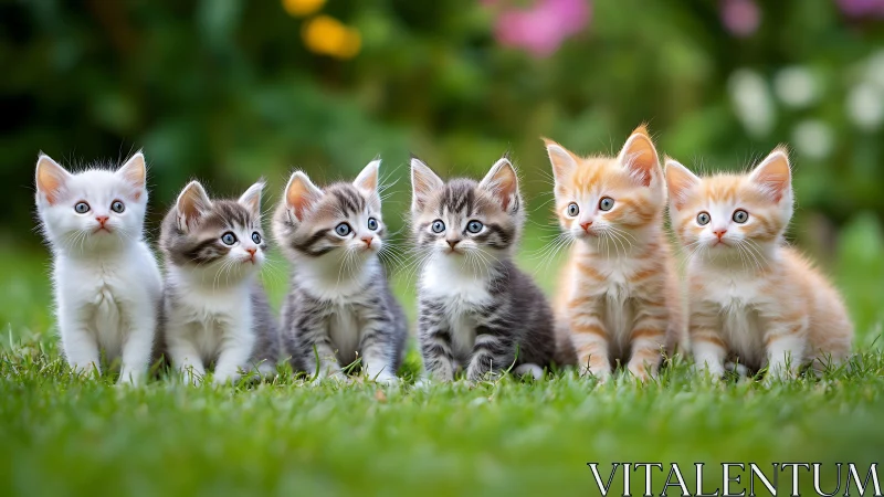 Six Adorable Kittens Sitting Together on Green Grass.