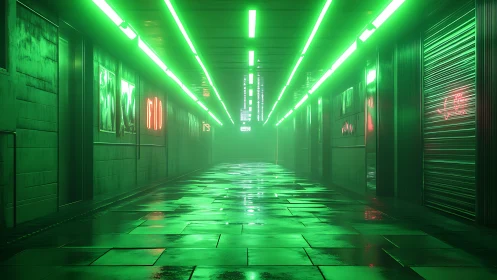 Neon‑lit cyberpunk corridor renders reflective wet pavement
