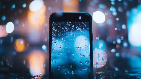 Cozy smartphone glowing through raindrops and city lights.