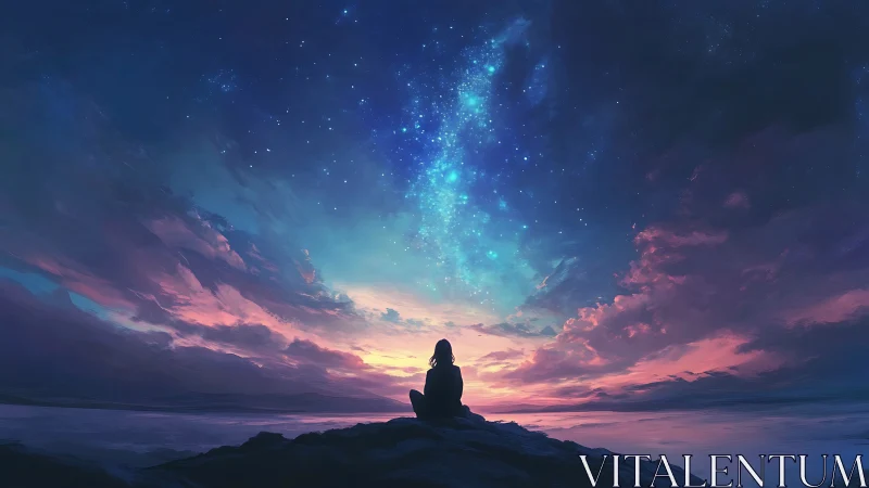 Silhouette watches glowing Milky Way over twilight ocean sky