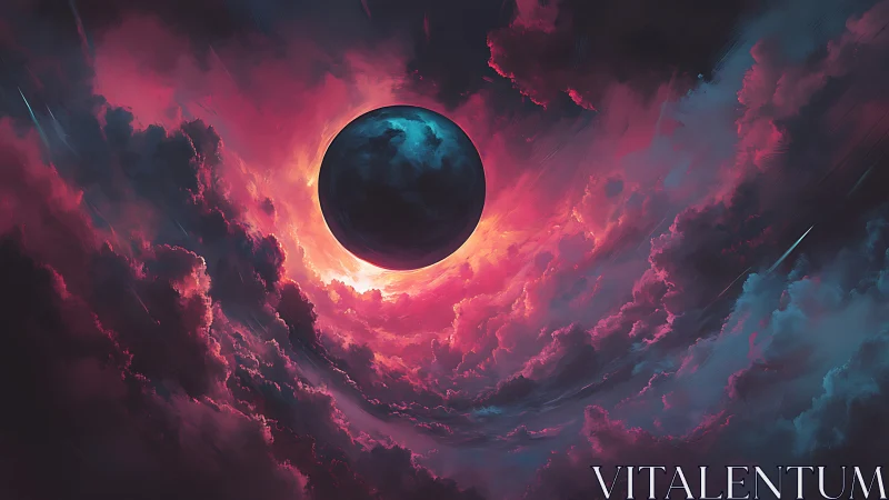 Dark planet suspended in vivid swirling nebula sky.