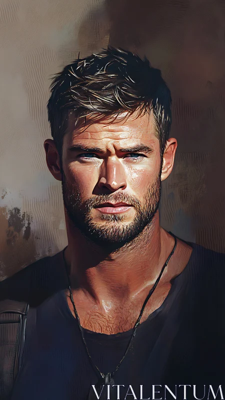 Sunlit rugged man in intense digital portrait study.