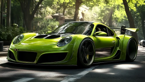 Photorealistic lime-green supercar in urban boulevard lighting.