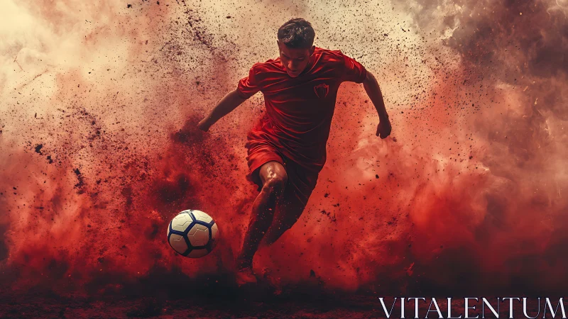 Male soccer player in red kit amid dense red dust cloud.