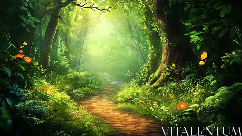 Forest pathway with canopy light penetration and botanical elements.