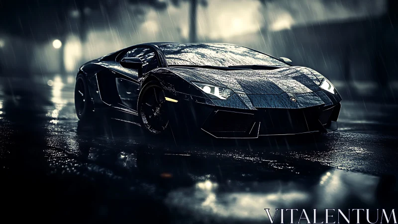 Midnight supercar glows under rain-soaked city streetlights.