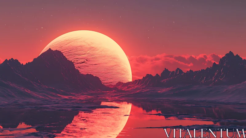 Crimson alien sunset over jagged mountains and mirror lake.