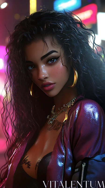 Neon-lit portrait of curly-haired woman in metallic jacket.