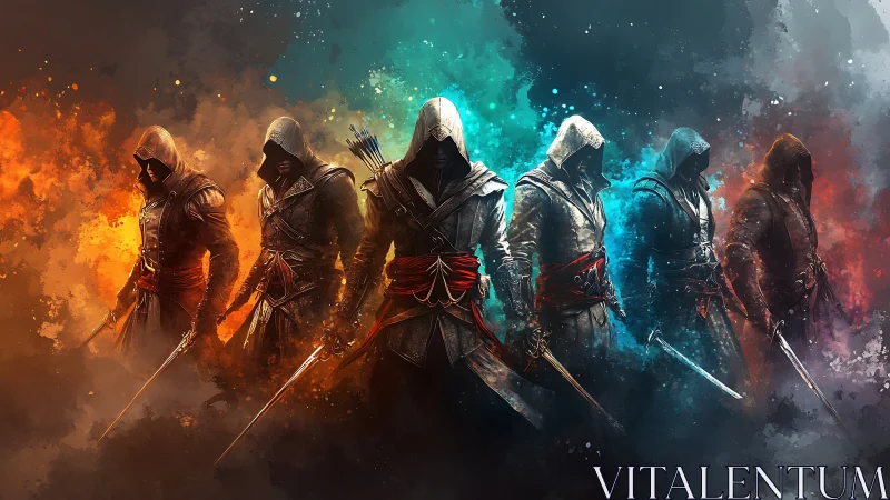 Hooded assassins aligned in chromatic smoke gradients stand armed