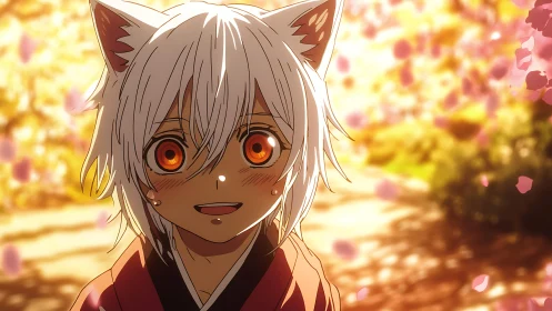 Fox-eared anime child under luminous cherry blossom bokeh.