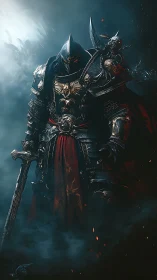 Dark armored knight in heavy plate with bloodred accents.