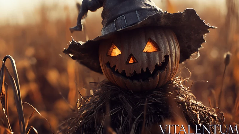 Backlit jack-o-lantern scarecrow with distressed witch hat design.