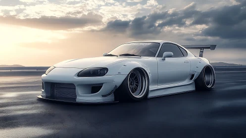 Low-slung white tuner car hunts horizons under moody skies.