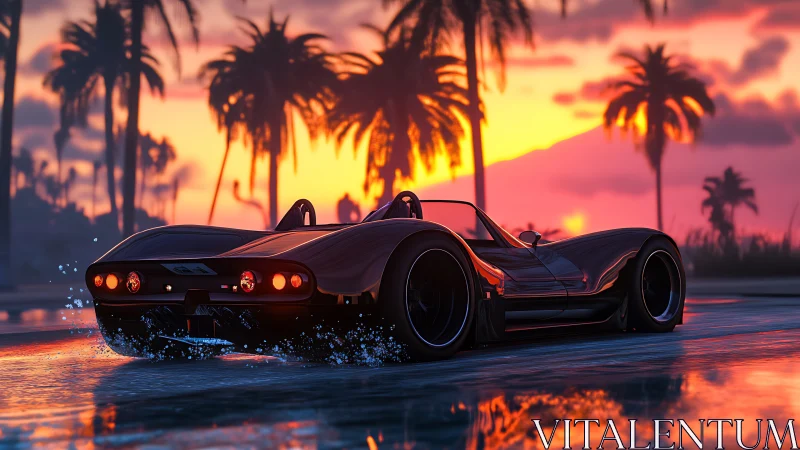 Low roadster on wet coastal strip at sunset with palms.