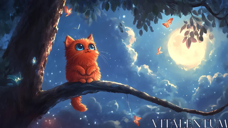 Red Cat Under Moonlit Sky with Glowing Butterflies.