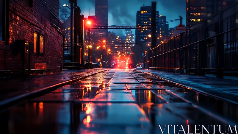 Wet urban alley with illuminated skyline at night.