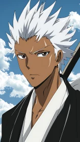 Stoic white-haired swordsman stands under a bright sky