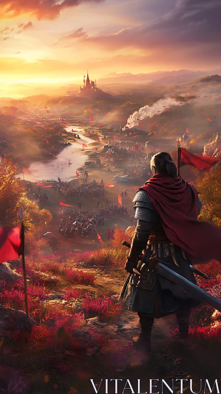 Crimson-caped commander studies a river of warlit banners