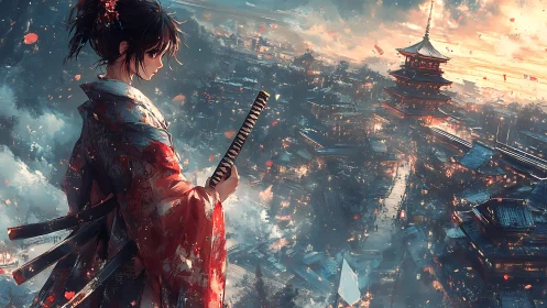 Samurai woman in kimono overlooks dramatic cityscape.