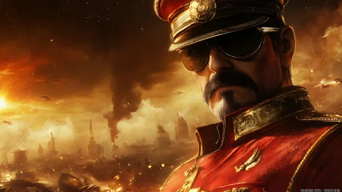 Militaristic commander portrait over apocalyptic war horizon.