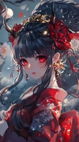 Demonic kimono maiden with crimson ocular luminance at dusk.