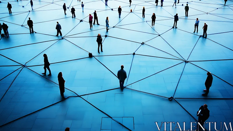 Networked silhouettes stand across a geometric blue plaza.