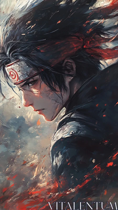 Brooding anime warrior wrapped in swirling firelight.
