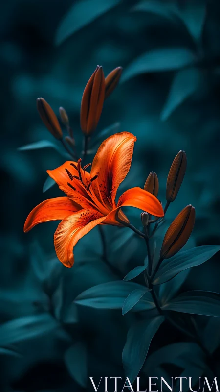 Orange Lily with Dark Red Buds Against Teal Foliage.