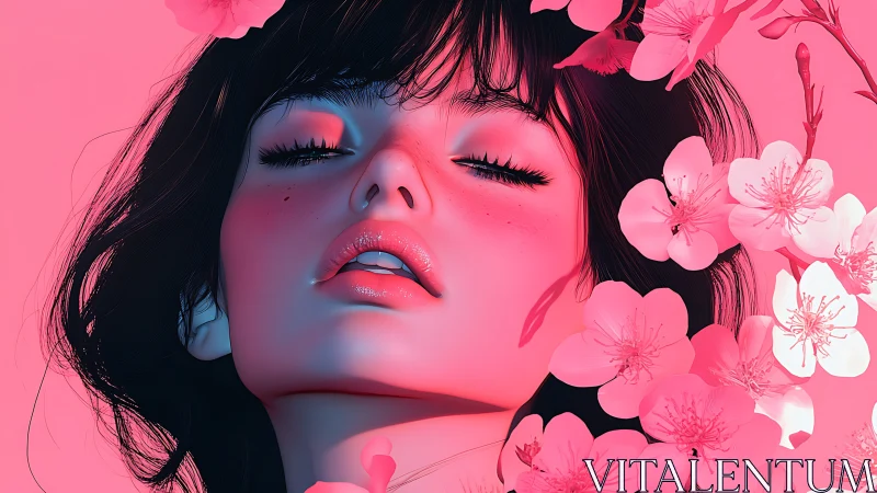 Softly glowing portrait drifts among dreamy pink blossoms