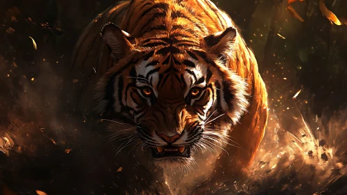 Predatory tiger bursting through embers in dusky jungle.
