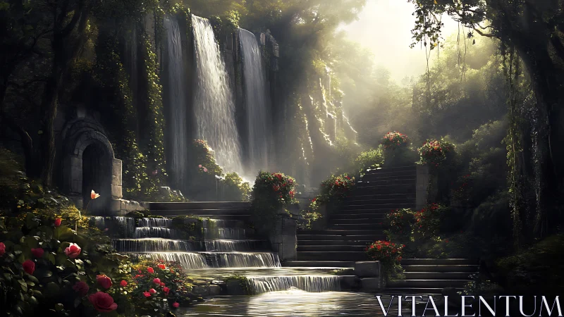Enchanted stone staircase ascends beside luminous forest waterfalls