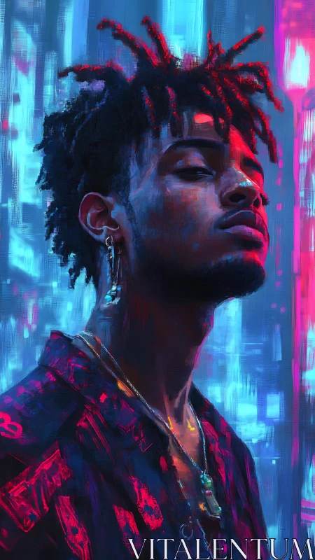 Cyberpunk neon portrait with expressive brushwork and bokeh fields.