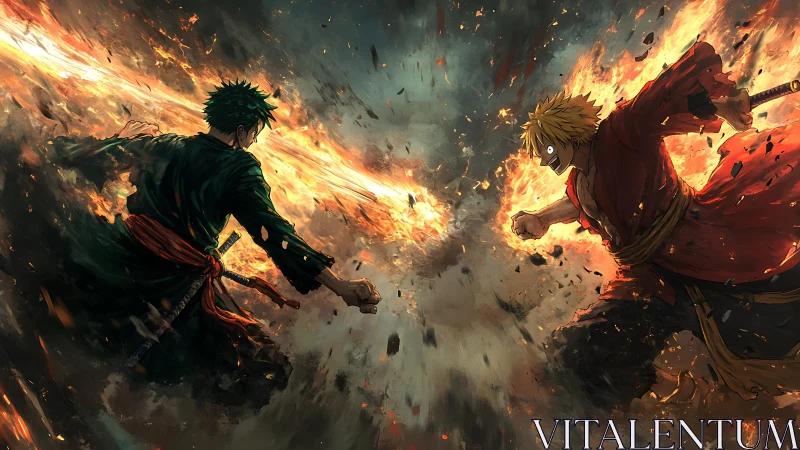 Dual elemental swordsmen locked in explosive anime clash.